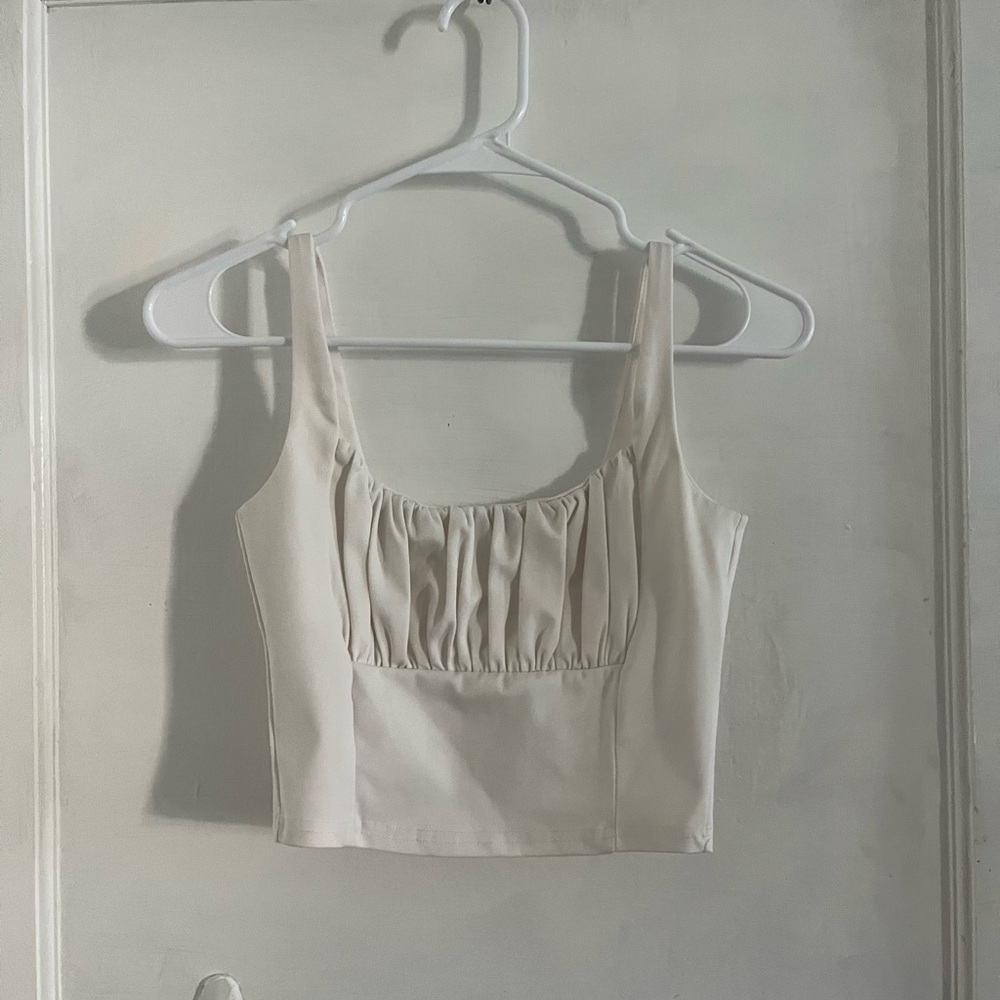 Women’s White Ruched Square-Neck Cropped Tank Top